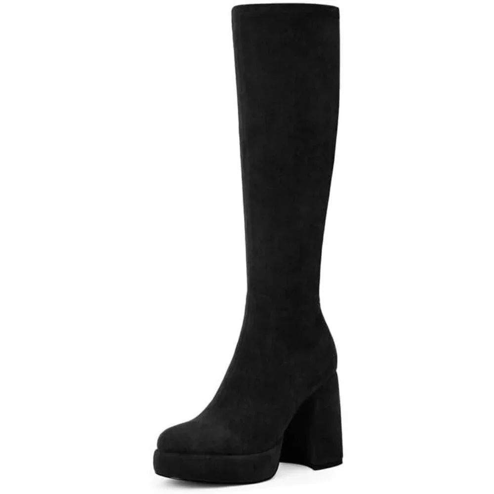 Women's Blacksuede Platform Knee High Boots Chunky Heel Rounded Toe Zipper
